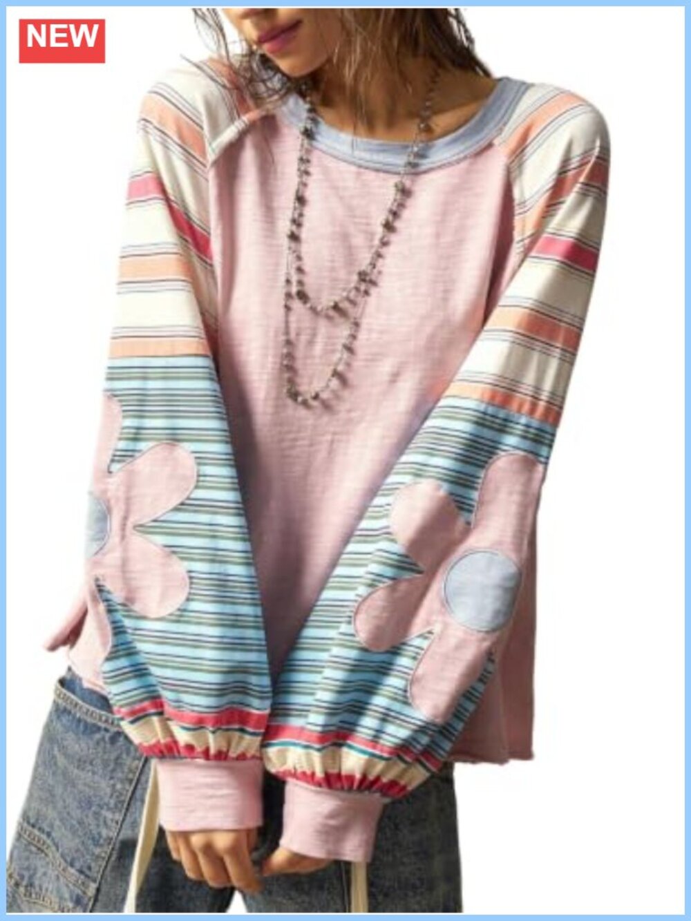 Oversized Crewneck Sweatshirt Colorblock Floral Long Sleeve Drop Shoulder Boho